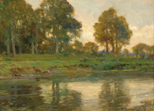 Red Deer by a Pond at Sunset by Hugo Darnaut Oil Painting
