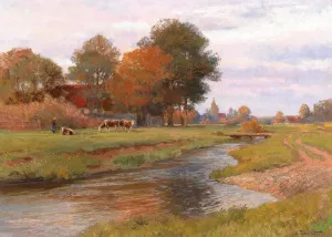 River Landscape with Small Herd of Cows and a Village in the background by Hugo Darnaut Oil Painting