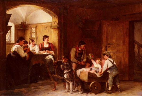 Familienszene by Hugo Engl - Hand-Painted Oil Painting Reproduction