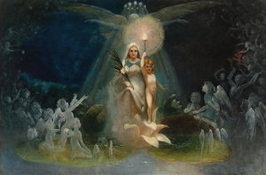 Madonna on lotus petal with angelic figures by Hugo Hoppener (Fidus) Oil Painting
