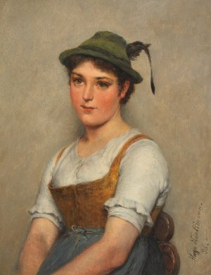 Junges Madel mit grunem Hut by Hugo Kauffmann Oil Painting