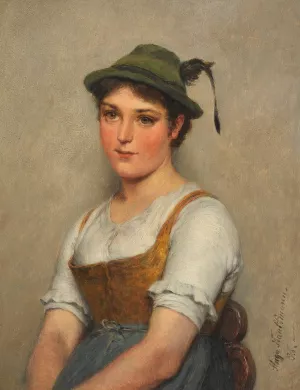 Junges Madel mit grunem Hut by Hugo Kauffmann Oil Painting