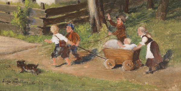 Kinder mit Wagen  by Hugo Kauffmann - Hand-Painted Oil Painting Reproduction