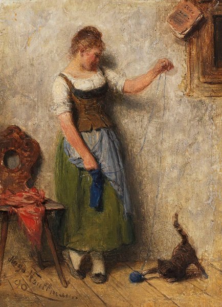 Madchen mit Katze  by Hugo Kauffmann - Hand-Painted Oil Painting Reproduction