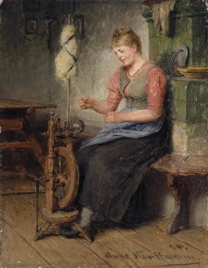 Madel am Spinnrad by Hugo Kauffmann Oil Painting