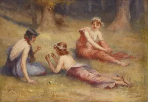 The Three Graces In A Meadow by Hugo Loffler Oil Painting