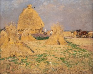 Farmers harvesting hay by Hugo Muhlig Oil Painting
