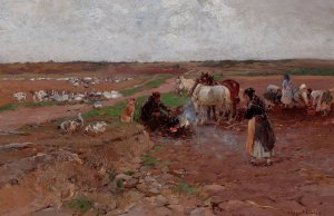 Peasants with Horses by Hugo Muhlig Oil Painting