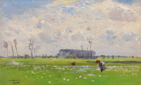 Main Product Photo of Sommerwiese mit blumenpfluckenden Madchen  Painting by Hugo Muhlig
