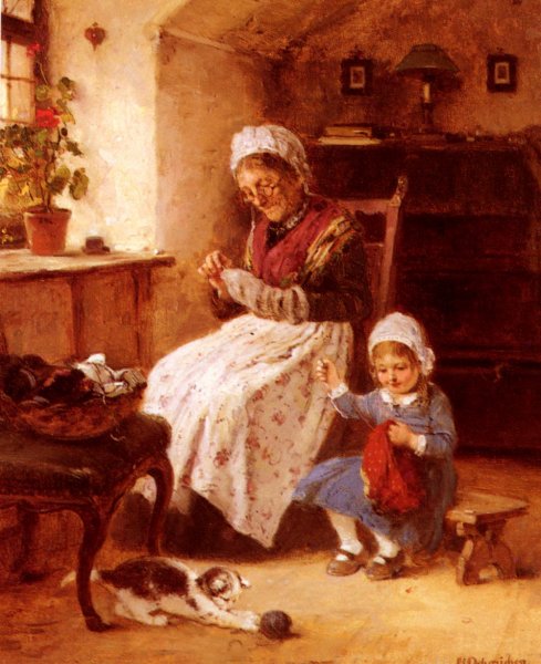 Main Product Photo of The Sewing Lesson Painting by Hugo Oehmichen