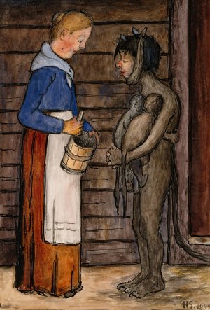 The Farmer's Wife And Poor Devil by Hugo Simberg Oil Painting