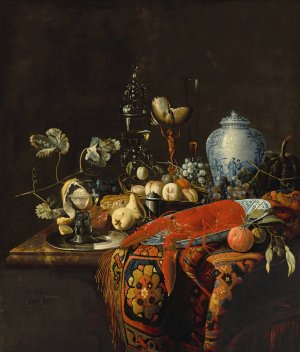 A monumental still life with fruit and various objects by Huybert Van Westhoven Oil Painting
