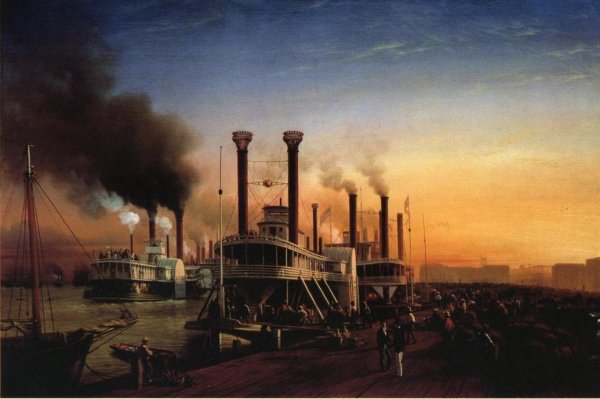 Giant Steamboats at the Levee in New Orleans by Hyppolite Sebron - Hand-Painted Oil Painting Reproduction