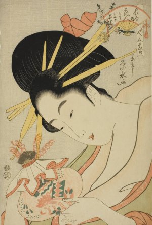 The Courtesan Hanahito of the Ogiya and attendants Sakura and Momiji, from the series 'Beauties of the Five Festivals' by Ichirakutei Eisui Oil Painting