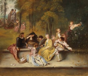 Gentlemen And Ladies On The Terrace, After Antoine Watteau by Ida Silfverberg Oil Painting