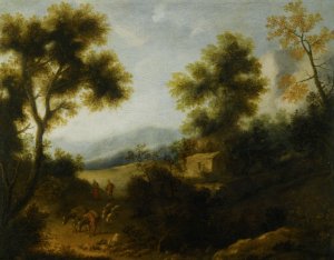 A Wooded Landscape with a Herdsman and Woman on a Path in the Foreground