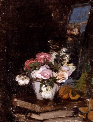 Flores y Libros by Ignacio Pinazo Camarlench Oil Painting