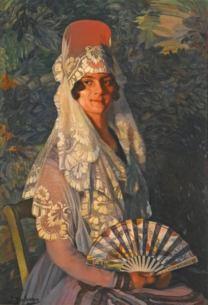Main Product Photo of Dama con mantilla y abanico  Painting by Ignacio Zuloaga