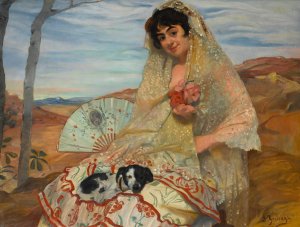 Joven sentada con un perro by Ignacio Zuloaga Oil Painting