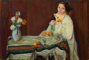 Portrait of Wife at the Table by Ignacy Pienkowski Oil Painting