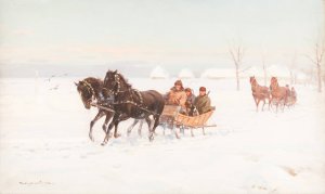 Sleights in snowy landscape by Ignacy Zygmuntowicz Oil Painting