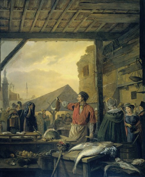Main Product Photo of The Fish Market in Antwerp, Ignatius Josephus Van Regemorter  Painting by Ignatius Josephus Van Regemorter