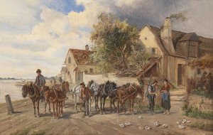 Treidelpferde am Flussufer by Ignaz Ellminger Oil Painting