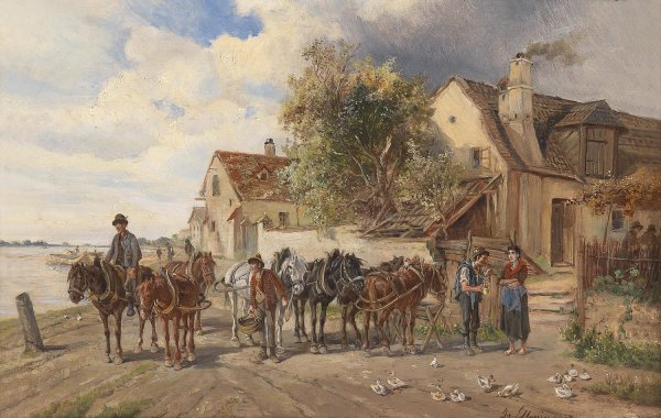 Treidelpferde am Flussufer by Ignaz Ellminger - Hand-Painted Oil Painting Reproduction