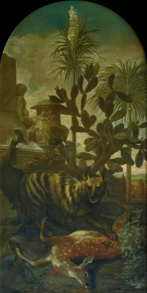 Hyane, Antilope und Kasuar in Kakteenlandschaft by Ignaz Heinitz Von Heinzenthal Oil Painting