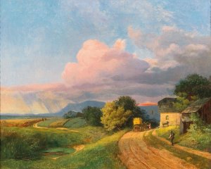 A post coach resting at dusk by Ignaz Raffalt Oil Painting