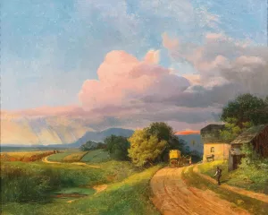 A post coach resting at dusk Oil painting by Ignaz Raffalt
