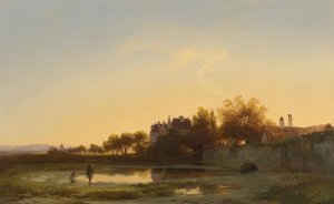 Angler in the evening light by the castle pond by Ignaz Raffalt Oil Painting