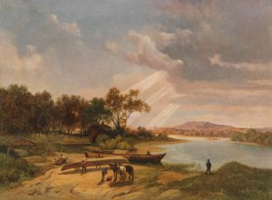 Boatbuilders on the Riverbank by Ignaz Raffalt Oil Painting