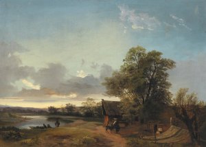 River Landscape in the Evening Light with decorative figures by Ignaz Raffalt Oil Painting