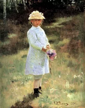 Girl with Flowers. Daughter of the Artist by Ilia Efimovich Repin Oil Painting
