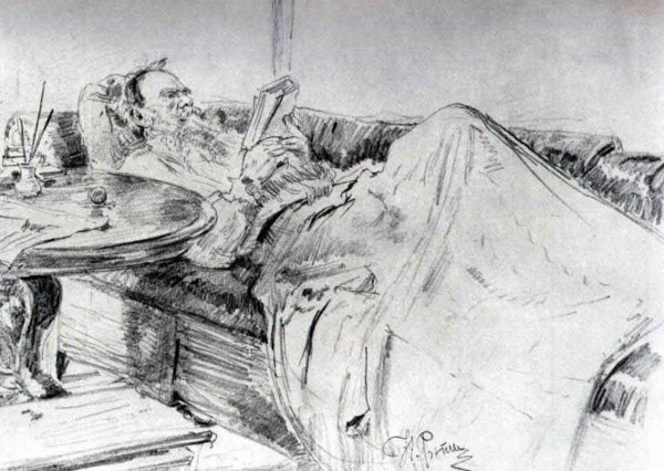 Leo Tolstoy Reading by Ilia Efimovich Repin - Hand-Painted Oil Painting Reproduction