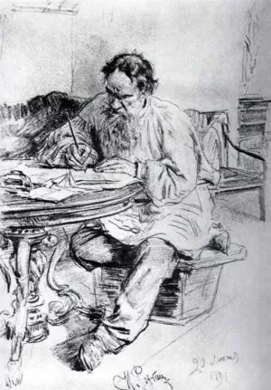 Leo Tolstoy Working by Ilia Efimovich Repin Oil Painting