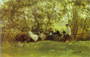 On a Turf Bench by Ilia Efimovich Repin Oil Painting