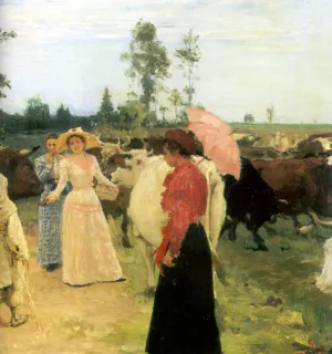 Young Ladies Walk among Herd of Cow by Ilia Efimovich Repin - Oil Painting Reproduction