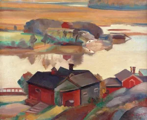 River Landscape With Buildings by Ilmari Aalto Oil Painting