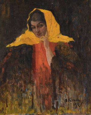 Portrait Of A Lady In A Yellow Shawl by Ilya Abramovich Grinman Oil Painting