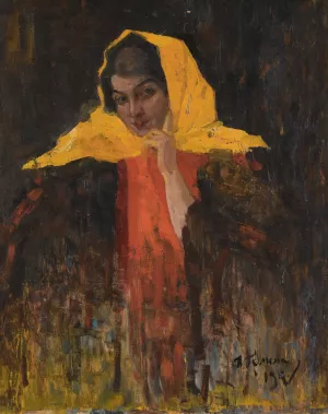 Portrait Of A Lady In A Yellow Shawl by Ilya Abramovich Grinman Oil Painting