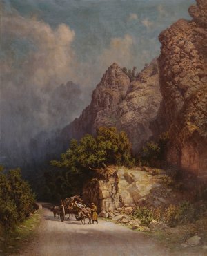 Ox-Drawn Cart In The Mountains by Ilya Nikolaevich Zankovsky Oil Painting
