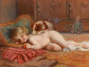 Child with Dog and Doll Oil painting by Imre Gergely