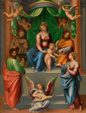 The Madonna and Child Enthroned, With Saint Paul, Saint Francis Of Assisi, Saint Joseph And Mary Magdalen by Innocenzo Da Imola Oil Painting