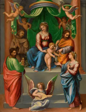 The Madonna and Child Enthroned, With Saint Paul, Saint Francis Of Assisi, Saint Joseph And Mary Magdalen by Innocenzo Da Imola Oil Painting