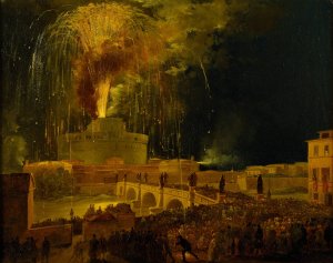 La Girandola Fireworks From Castel Sant'angelo In Rome by Ippolito Caffi Oil Painting