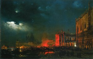 Night Festival on the Molo di San Marco upon the Feast Day of the Archduke Massimiliano d'Asborgo by Ippolito Caffi Oil Painting