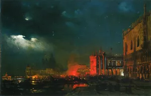 Night Festival on the Molo di San Marco upon the Feast Day of the Archduke Massimiliano d'Asborgo by Ippolito Caffi Oil Painting