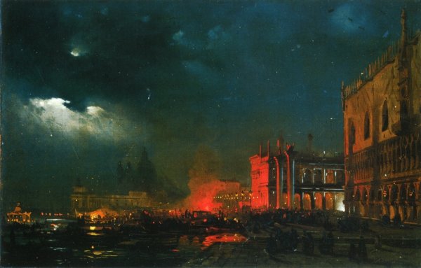 Main Product Photo of Night Festival on the Molo di San Marco upon the Feast Day of the Archduke Massimiliano d'Asborgo Painting by Ippolito Caffi
